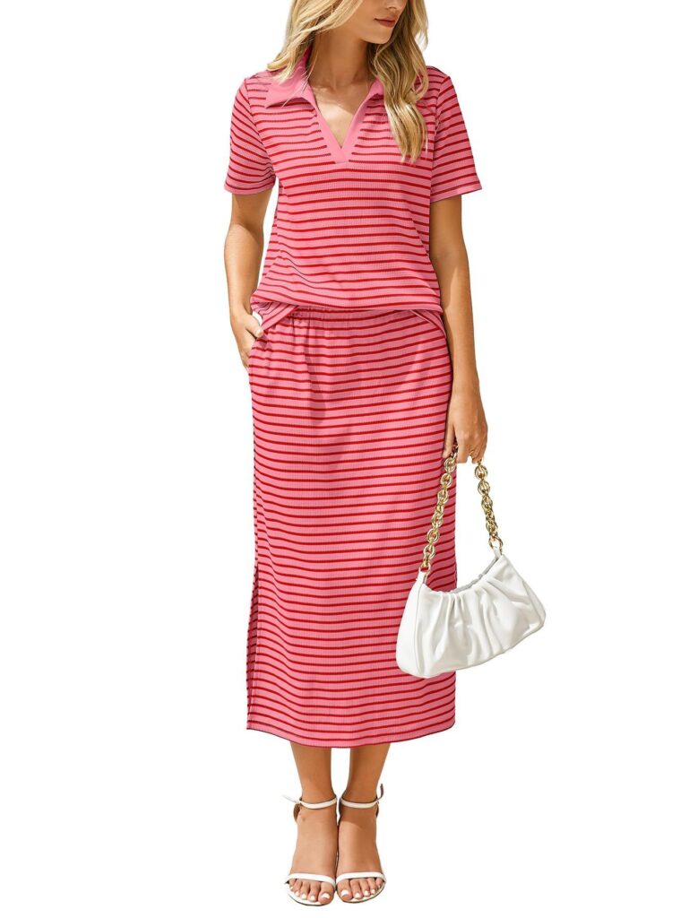 Womens Lapel T-shirt And Slit Skirt 2-piece Set