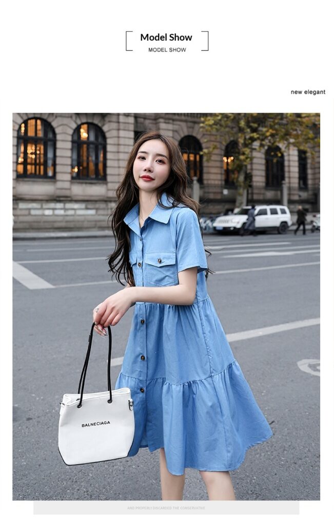 Single-breasted Pocketed Short-sleeve Denim Dress