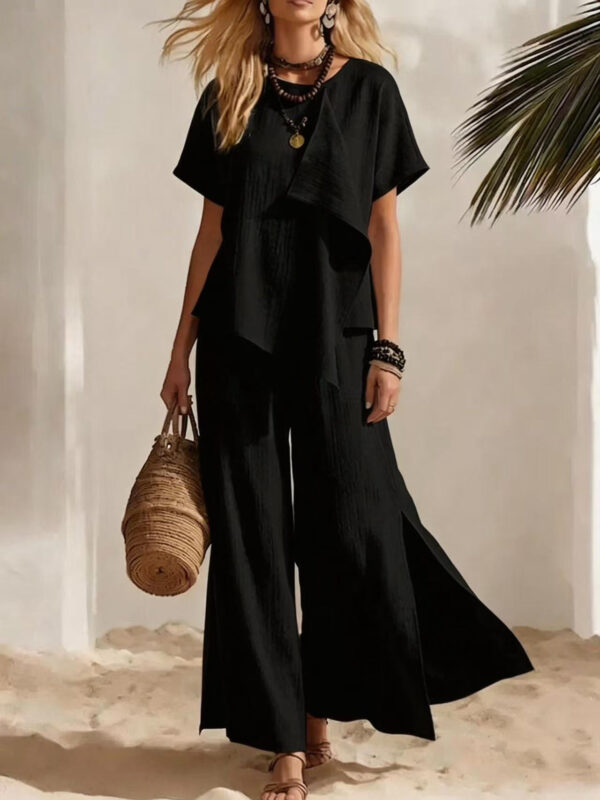 Casual Asymmetrical Short-sleeve Top And Slit Wide-leg Pants Set - Image 12