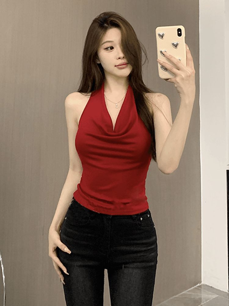Red Backless Slash-Neck Sleeveless Tank Top Women