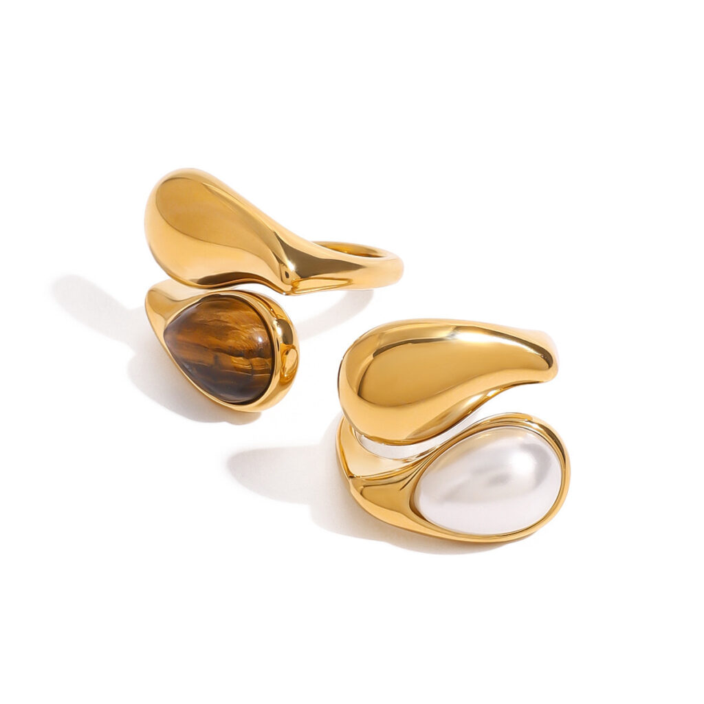Versatile Fashionable Waterdrop-Inlaid Pearl Stainless Steel Open Ring
