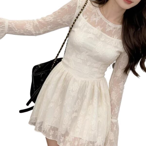 Korean-style Milk Apricot Long-Sleeve Lace Patchwork Dress - Image 2