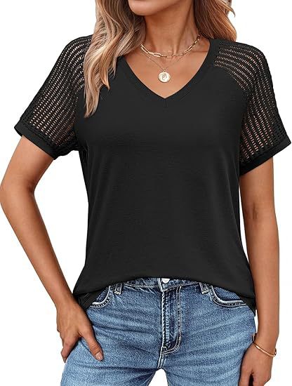 Loose-fitting Hollow-out Mesh Panel V-neck Short-sleeve Top - Image 9