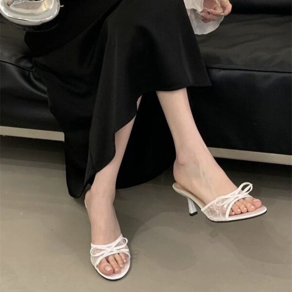 French Style Lace Bow Kitten Heel Mules For Women - Image 2