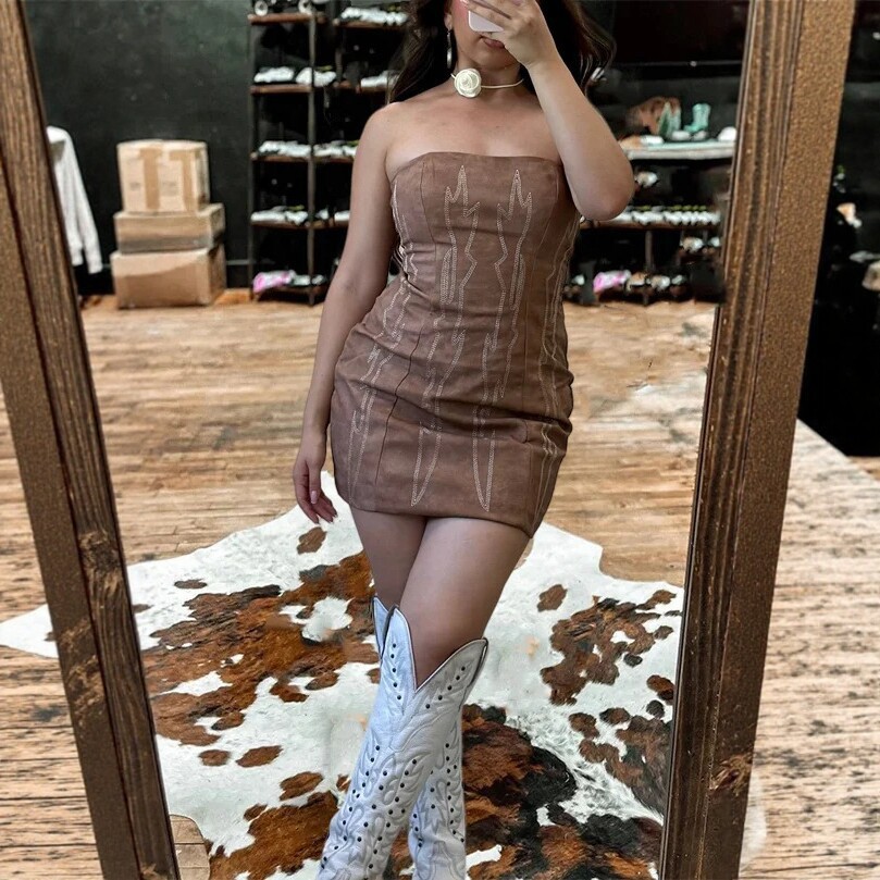 Denim-Style Patchwork Printed Tube Dress - Image 1