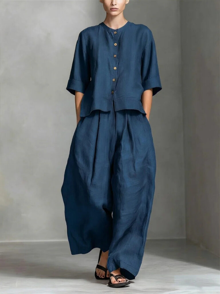 Solid-color Cotton-linen Shirt And Loose-fitting Trousers Two-piece Set