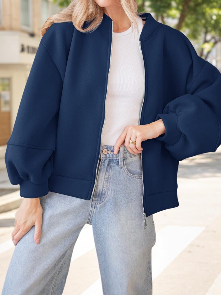 Fisoew Womens Zip Up Sweatshirt Casual Bomber Jacket Lantern Sleeve Oversized Jacket Fall Outfits 2025