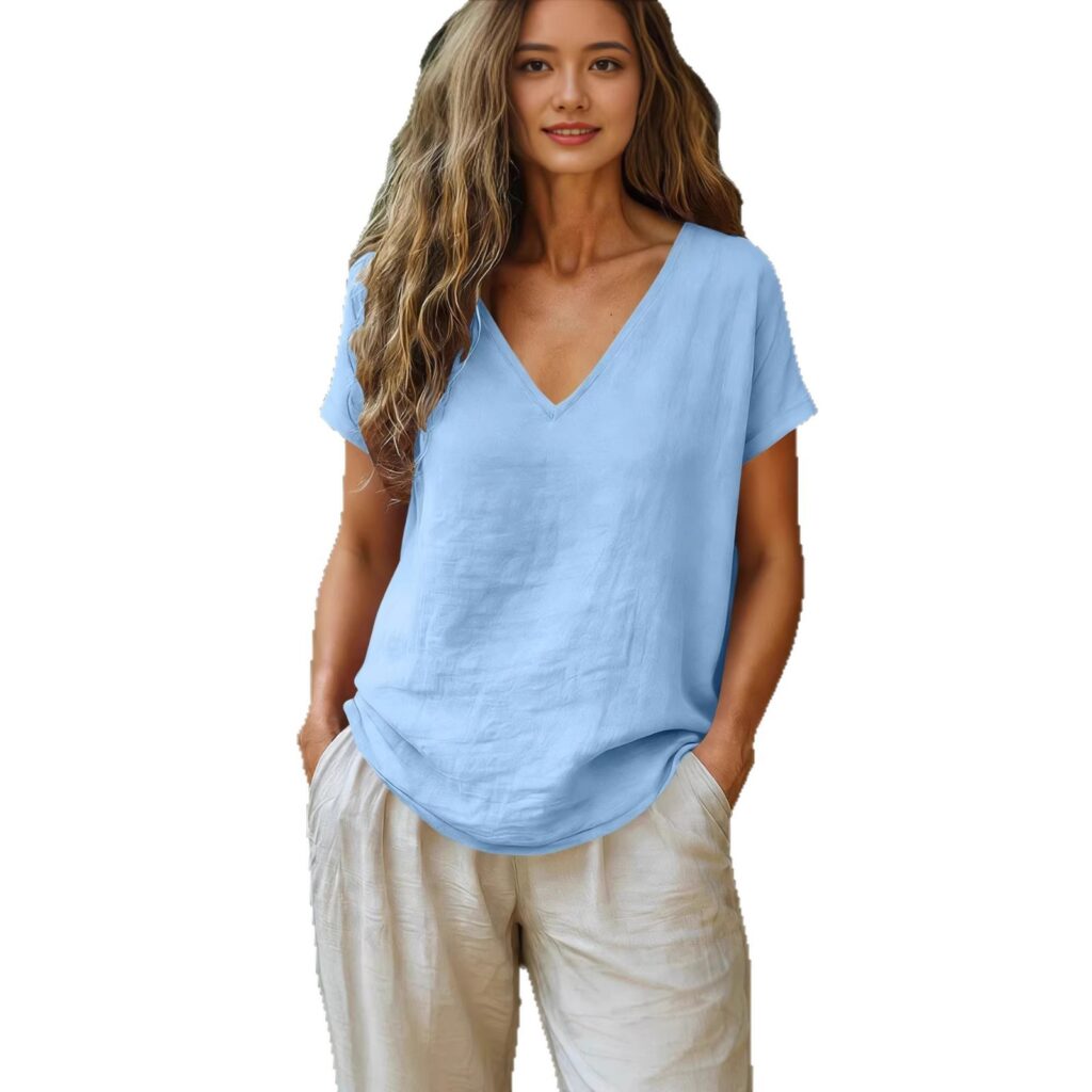 Women's Cotton-Linen Short-Sleeve V-Neck Pullover Top