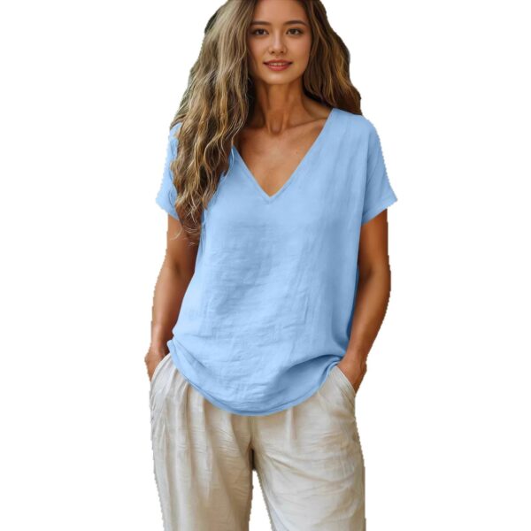 Women's Cotton-Linen Short-Sleeve V-Neck Pullover Top - Image 6