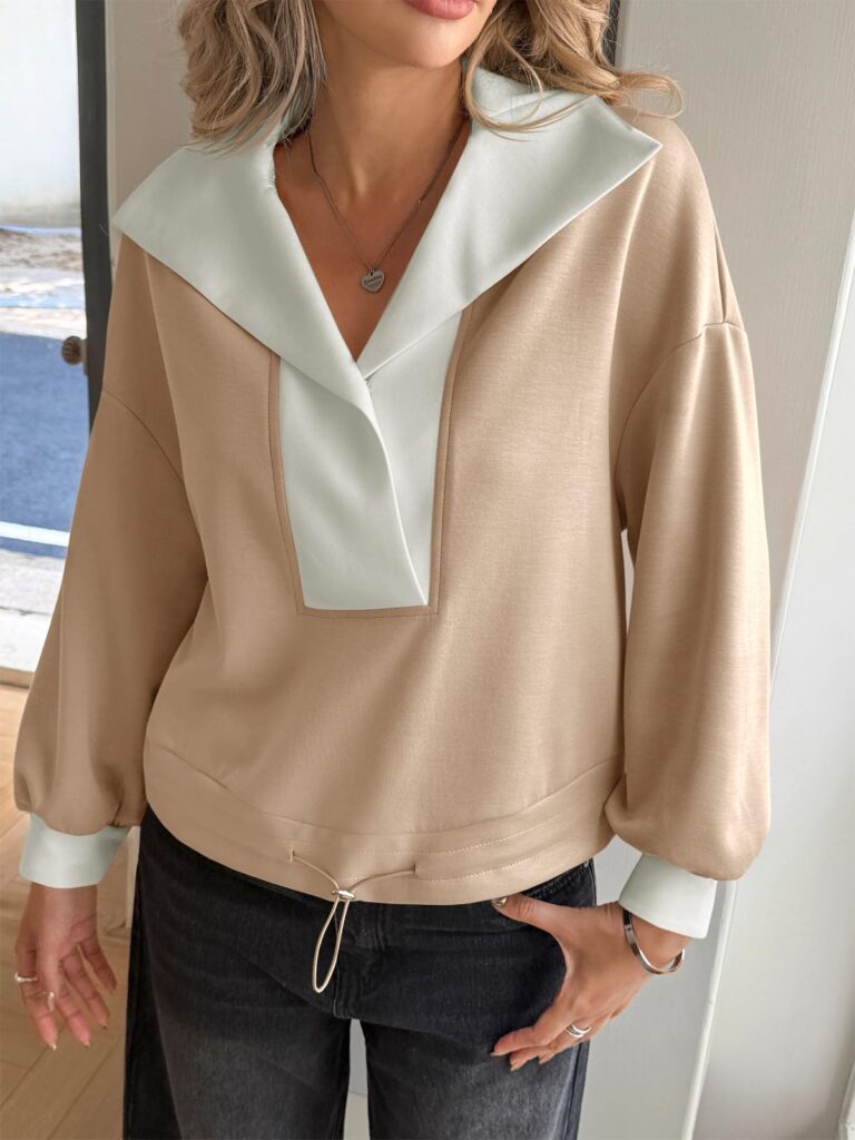 Fisoew Womens Cropped Oversized Sweatshirt Casual Lapel V Neck Long Sleeve Contrast Drawstring Loose Fit Fall Pullover Tops
