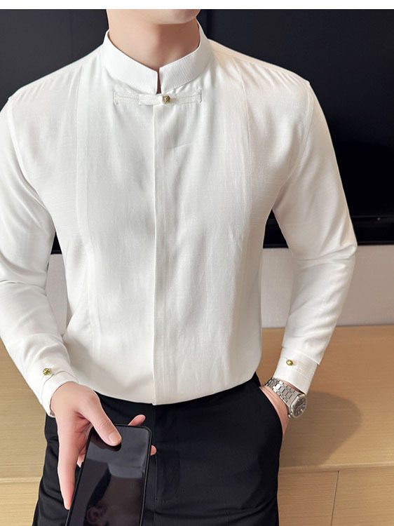 Men's Solid Color Stand Collar Long-sleeved Shirt - Image 10