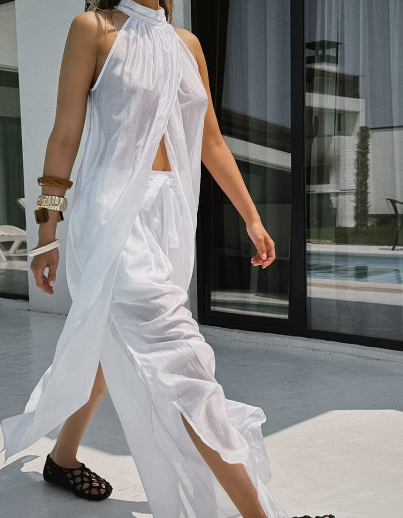 White Tencel Sleeveless Halter Neck Long Vest And Trousers Two-piece Set