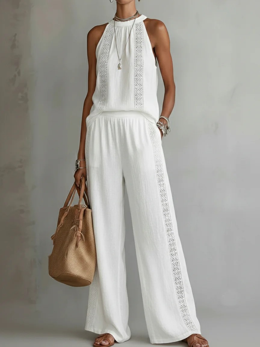 Womens Retro Lace Sleeveless Top And Wide-Leg Pants Two-Piece Set - Image 18