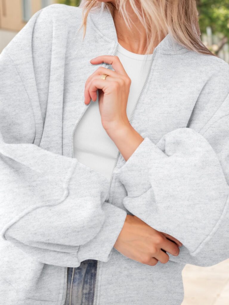 Fisoew Womens Zip Up Sweatshirt Casual Bomber Jacket Lantern Sleeve Oversized Jacket Fall Outfits 2025