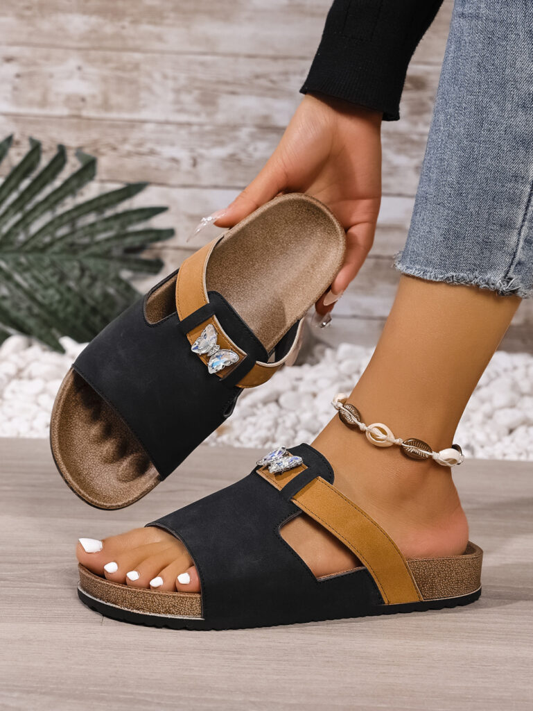 Women's Outerwear Matte Leather Rhinestone Large-Size Vintage Slippers