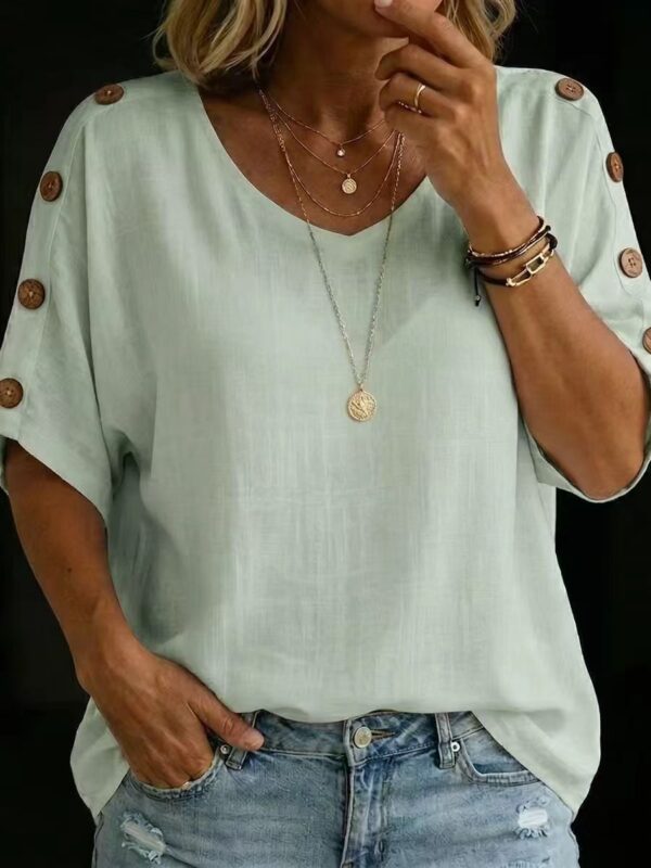 Casual Fashion Buttoned Crew-Neck Pullover Womens T-Shirt - Image 12