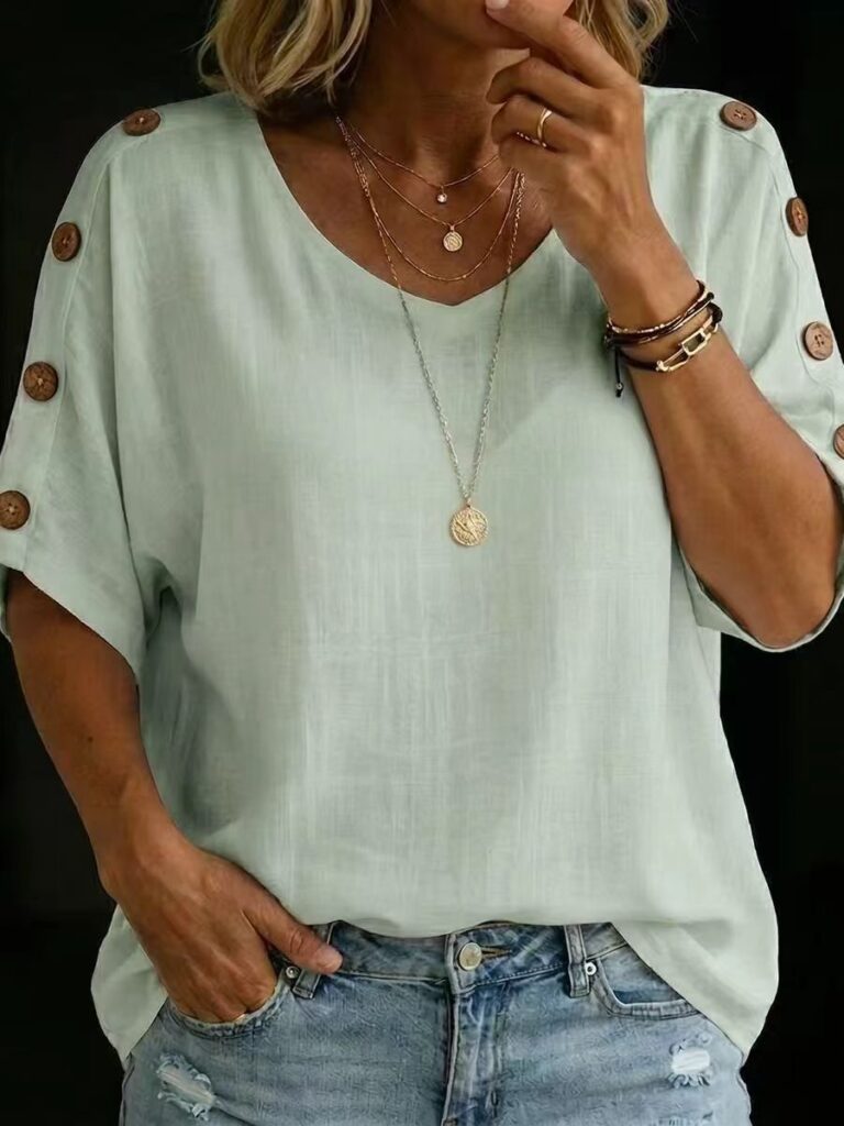 Casual Fashion Buttoned Crew-Neck Pullover Womens T-Shirt
