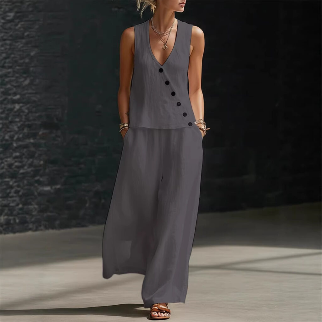 Sleeveless V-neck Button-up Top And Solid-color Pants Casual Set