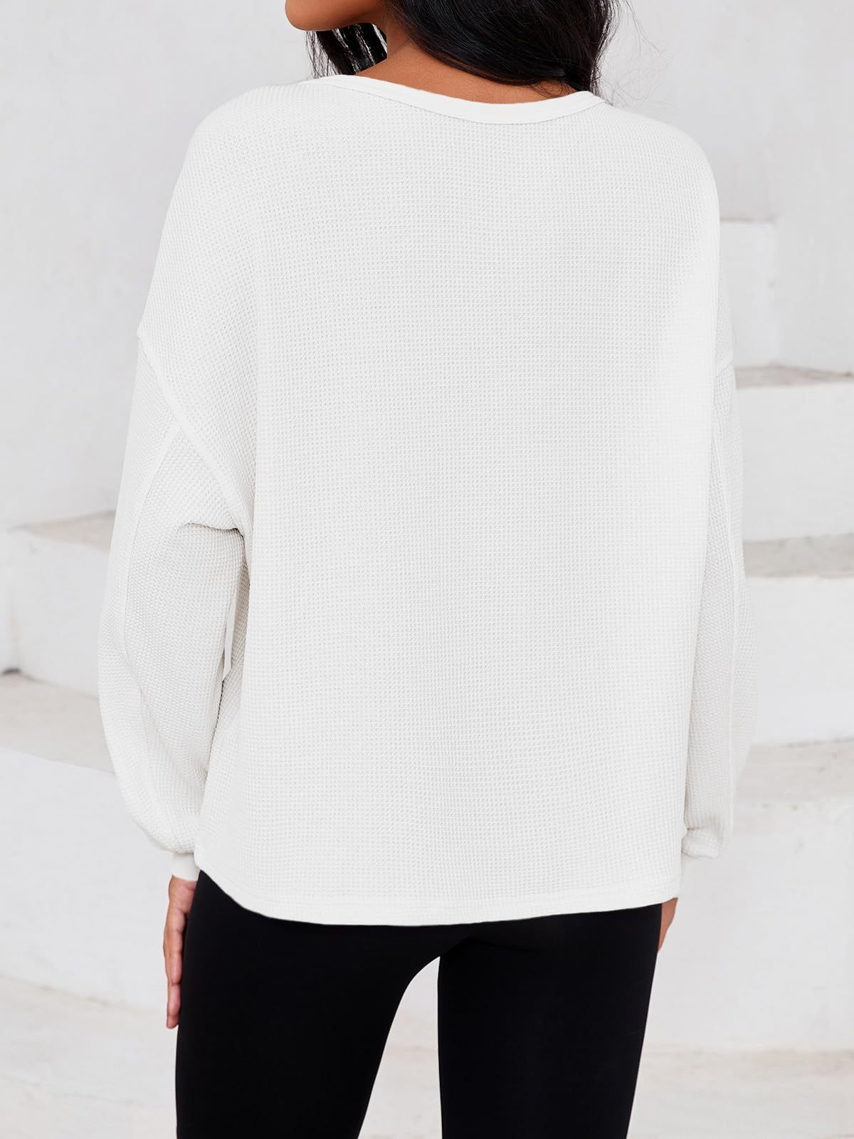 Fisoew Womens Cropped Sweatshirt Casual Waffle Knit Button V Neck Long Sleeve Loose Fit Fall Crop Tops - Image 6