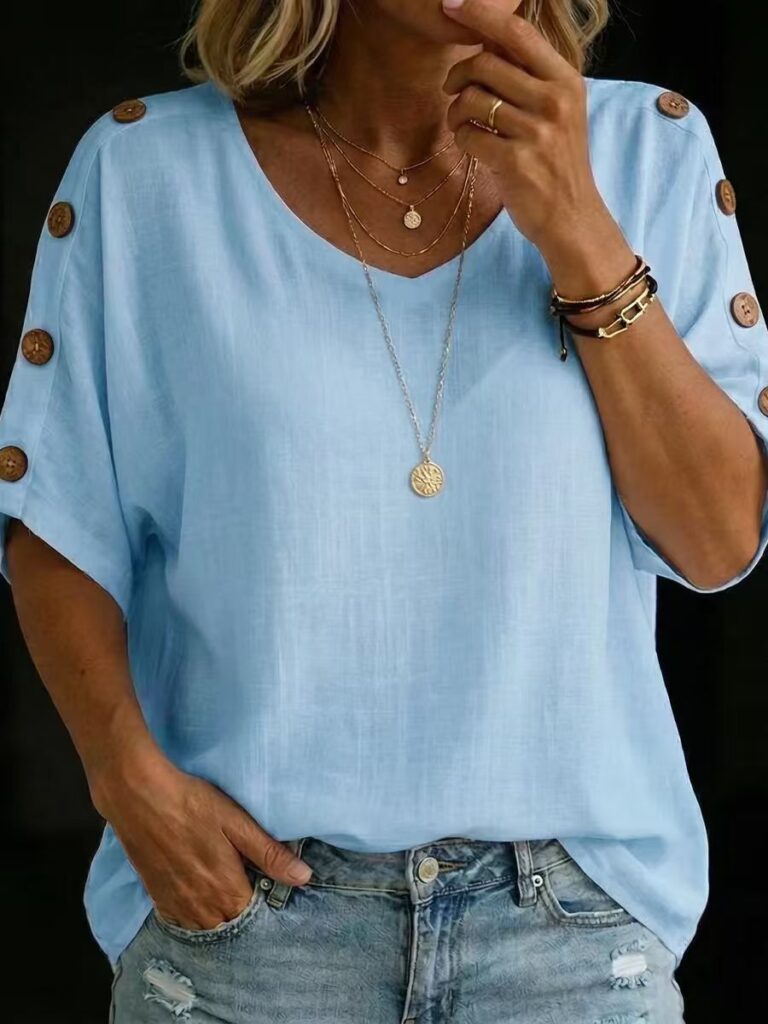 Casual Fashion Buttoned Crew-Neck Pullover Womens T-Shirt