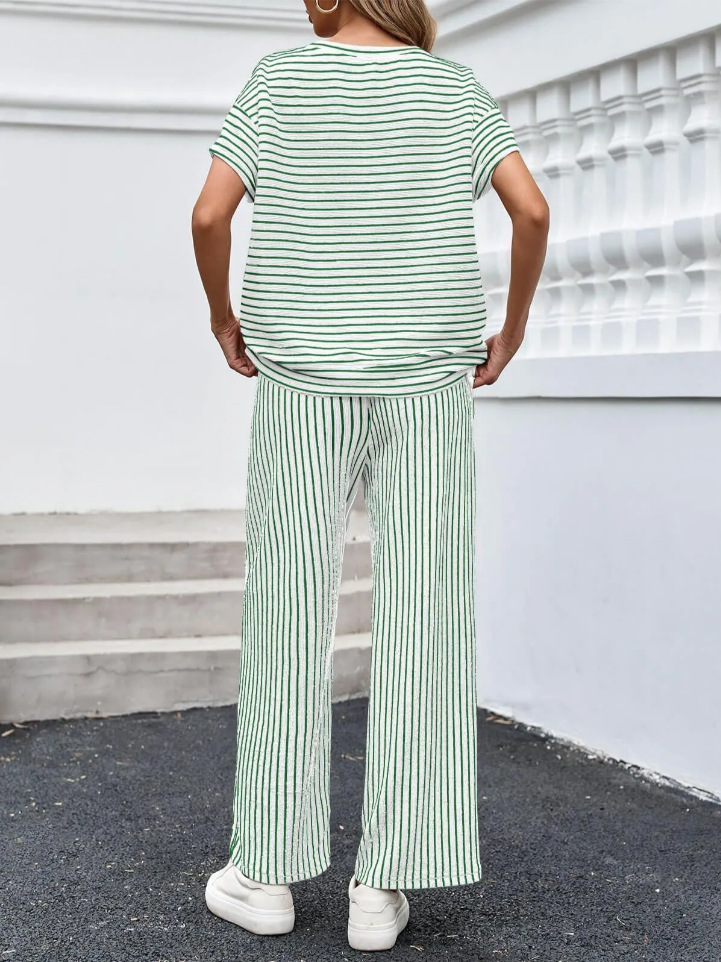 Womens Striped Short-Sleeve T-Shirt And Wide-Leg Pants Set With Pockets - Image 18