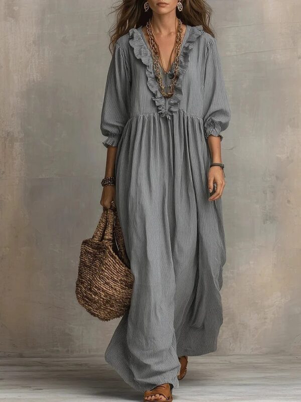 Womens Striped Ruffle-Trimmed Loose High-Waist V-Neck Dress - Image 9