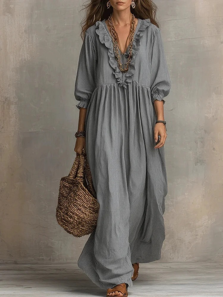 Womens Striped Ruffle-Trimmed Loose High-Waist V-Neck Dress - Image 9