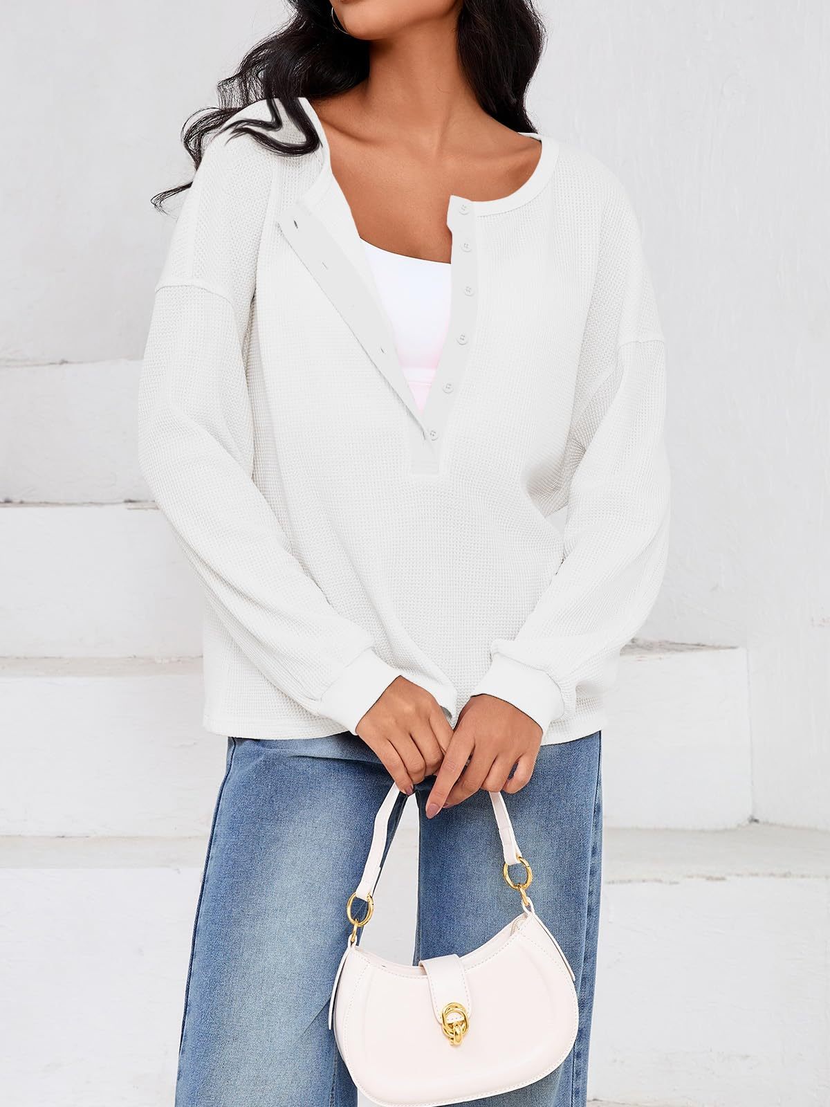 Fisoew Womens Cropped Sweatshirt Casual Waffle Knit Button V Neck Long Sleeve Loose Fit Fall Crop Tops - Image 10