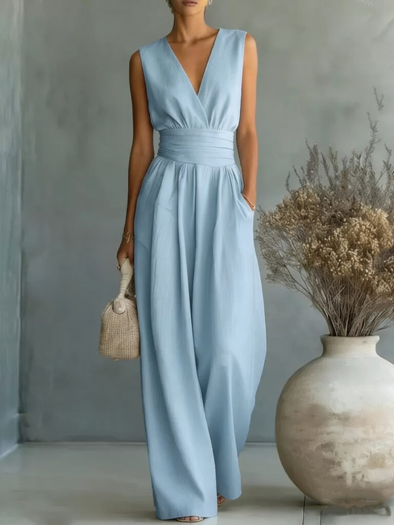 Womens Elegant Sleeveless Waist-Cinching V-Neck Sophisticated Jumpsuit