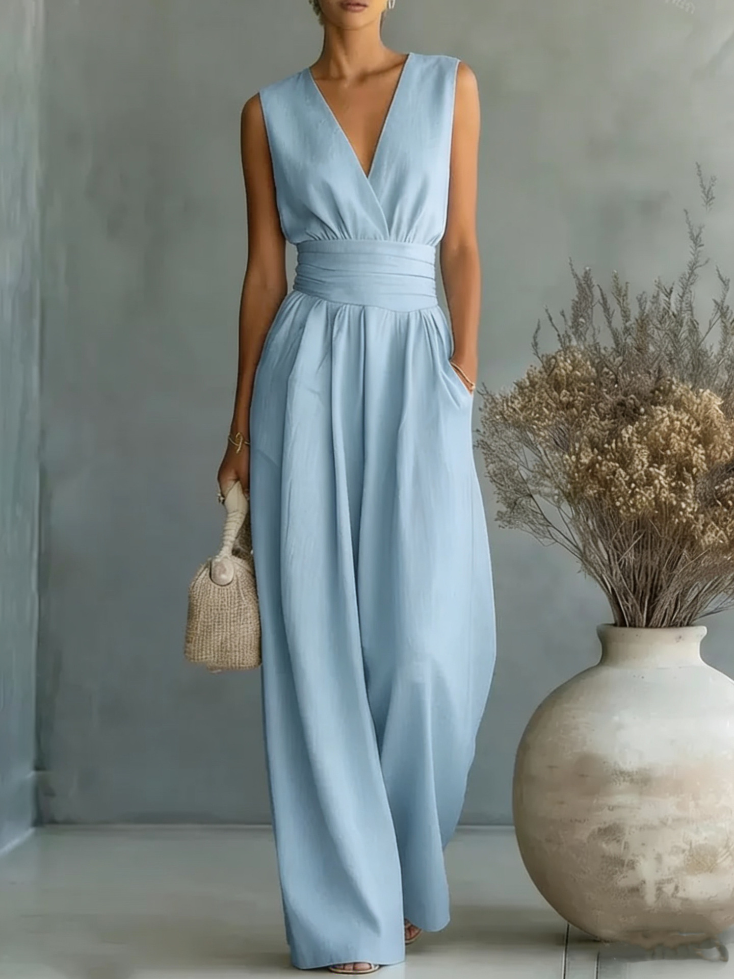 Womens Elegant Sleeveless Waist-Cinching V-Neck Sophisticated Jumpsuit - Image 6