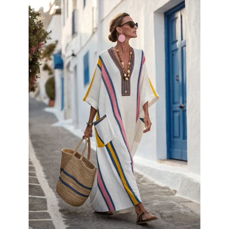 Beach Vacation Long Striped Embroidered Dress - Image 6