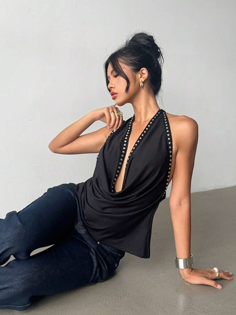 Solid-color Top With Studs Sexy Womens Clothing