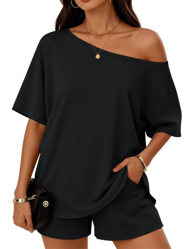 Womens 2-piece Fashionable Casual Set Slant-Neck Top And Shorts