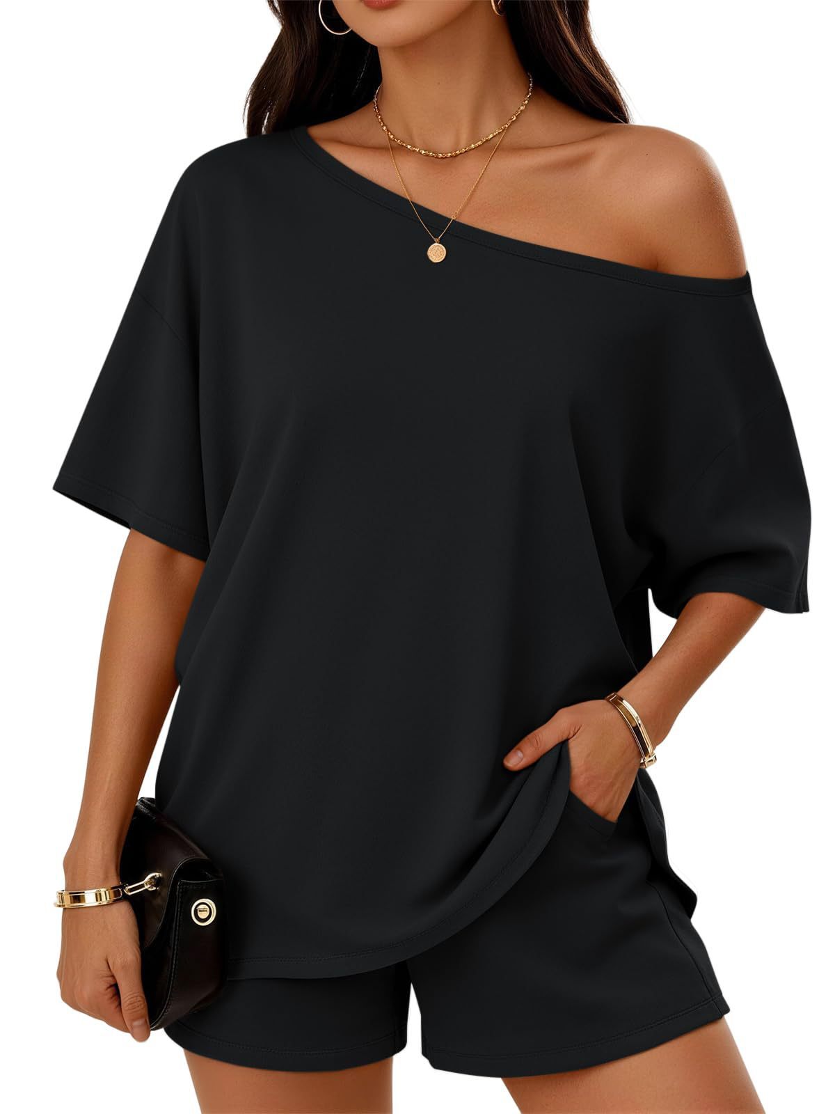 Womens 2-piece Fashionable Casual Set Slant-Neck Top And Shorts - Image 6