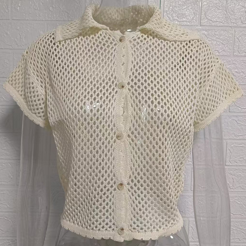 Knitted Cardigan Resort Style With A Turn-down Collar And Short Sleeves - Image 11