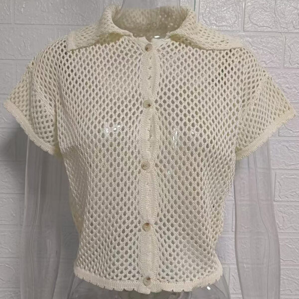 Knitted Cardigan Resort Style With A Turn-down Collar And Short Sleeves - Image 13