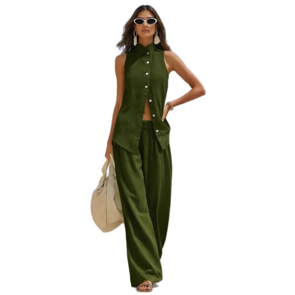 Front-button Cardigan Cotton Top And Pants Set - Image 8
