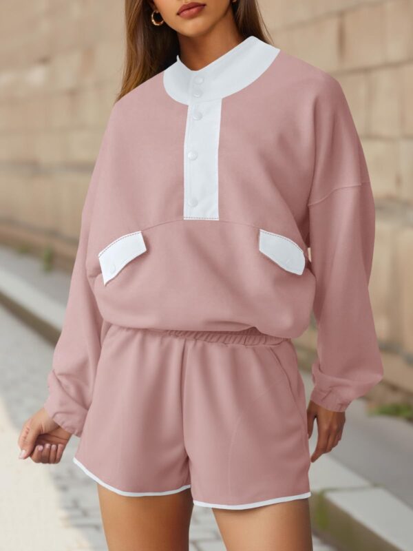 Fisoew Womens 2 Piece Sets Sweatsuits Casual Half Button Color Block Sweatshirts Running Shorts Tracksuits Fall Outfits - Image 9