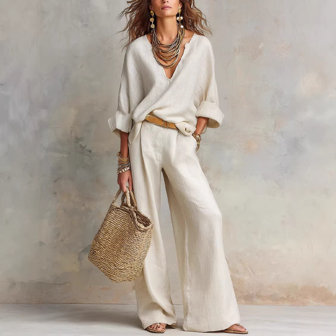 Fashionable Casual Linen Loose Vacation Set - Image 1