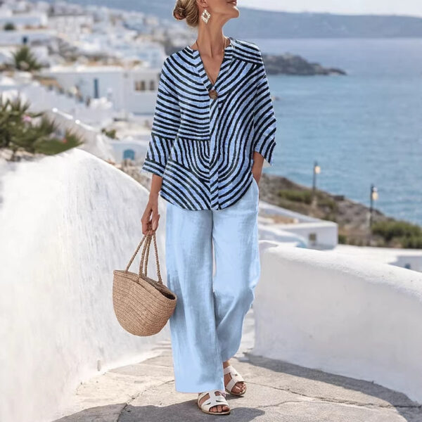V-Neck Patterned Printed Womens Straight-Leg Pants Set