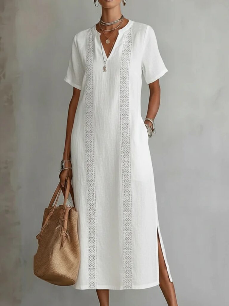 Women's Retro Hollow-Out Lace V-Neck Cotton-Linen Dress