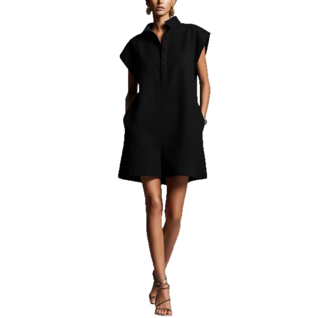 Women's Casual Lapel-Neck Sleeveless Short Jumpsuit