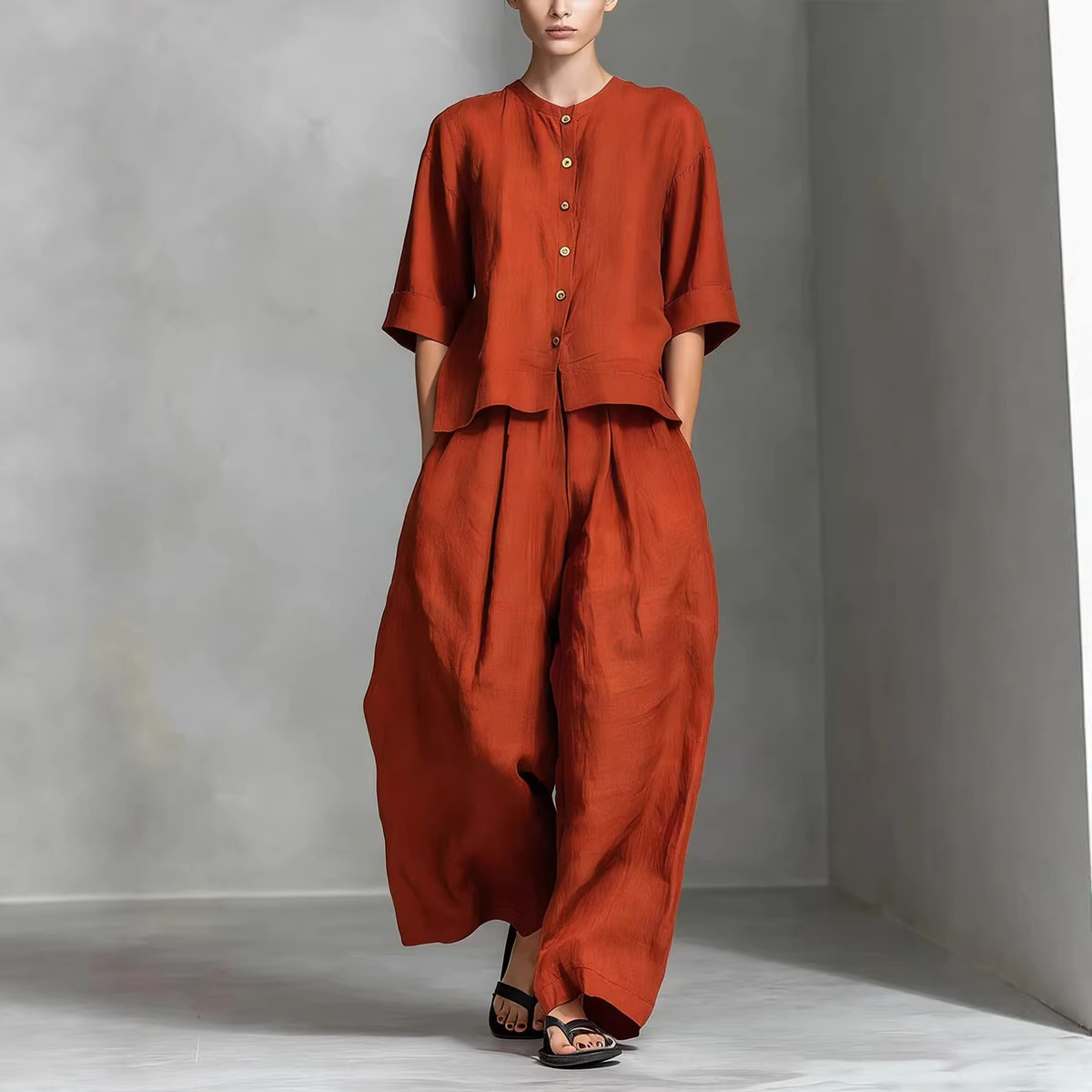 Solid-color Cotton-linen Shirt And Loose-fitting Trousers Two-piece Set - Image 1