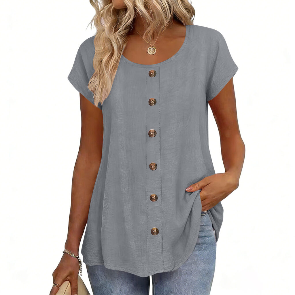 Decorative Girl Button Solid Color Short-Sleeve Crewneck T-Shirt Top