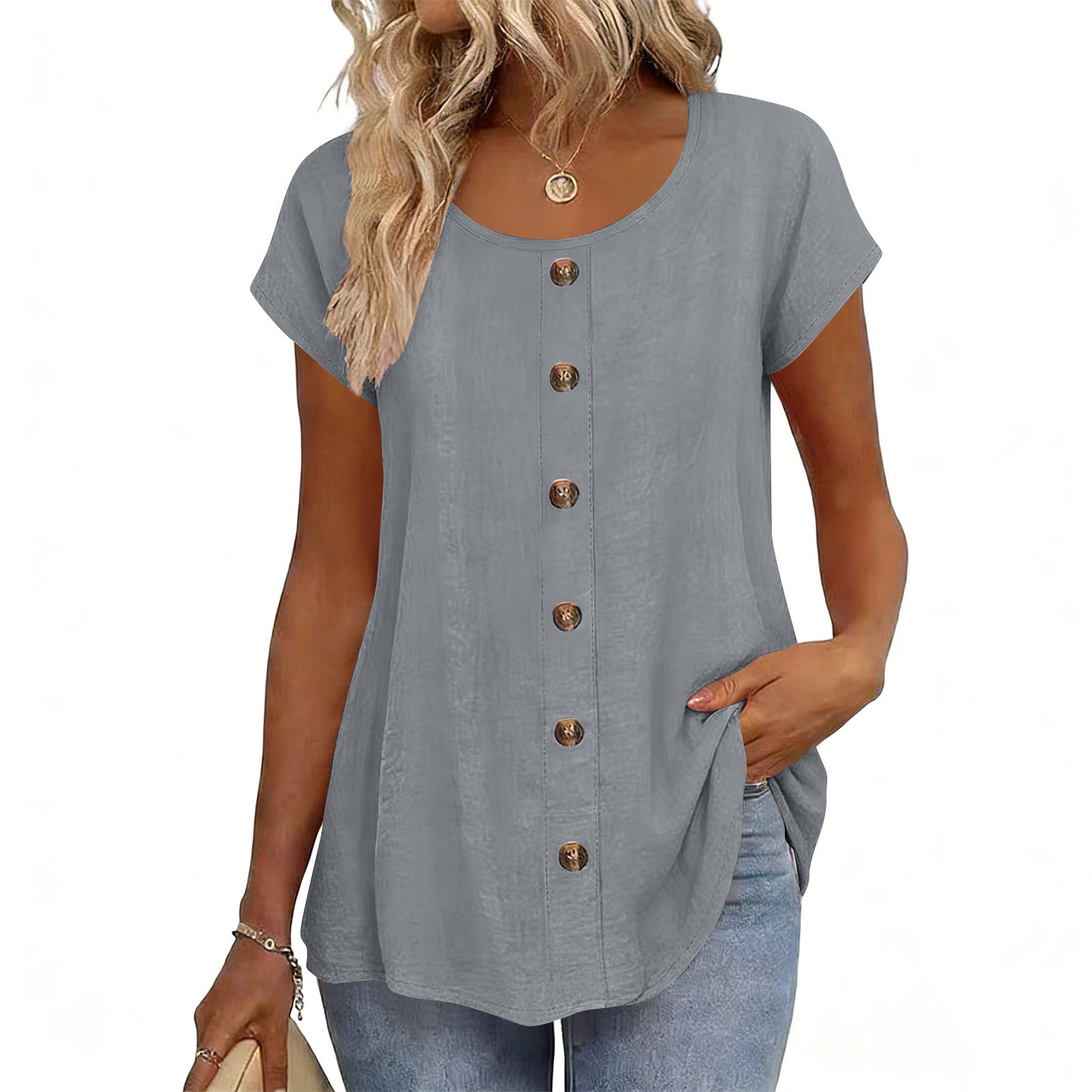 Decorative Girl Button Solid Color Short-Sleeve Crewneck T-Shirt Top - Image 12