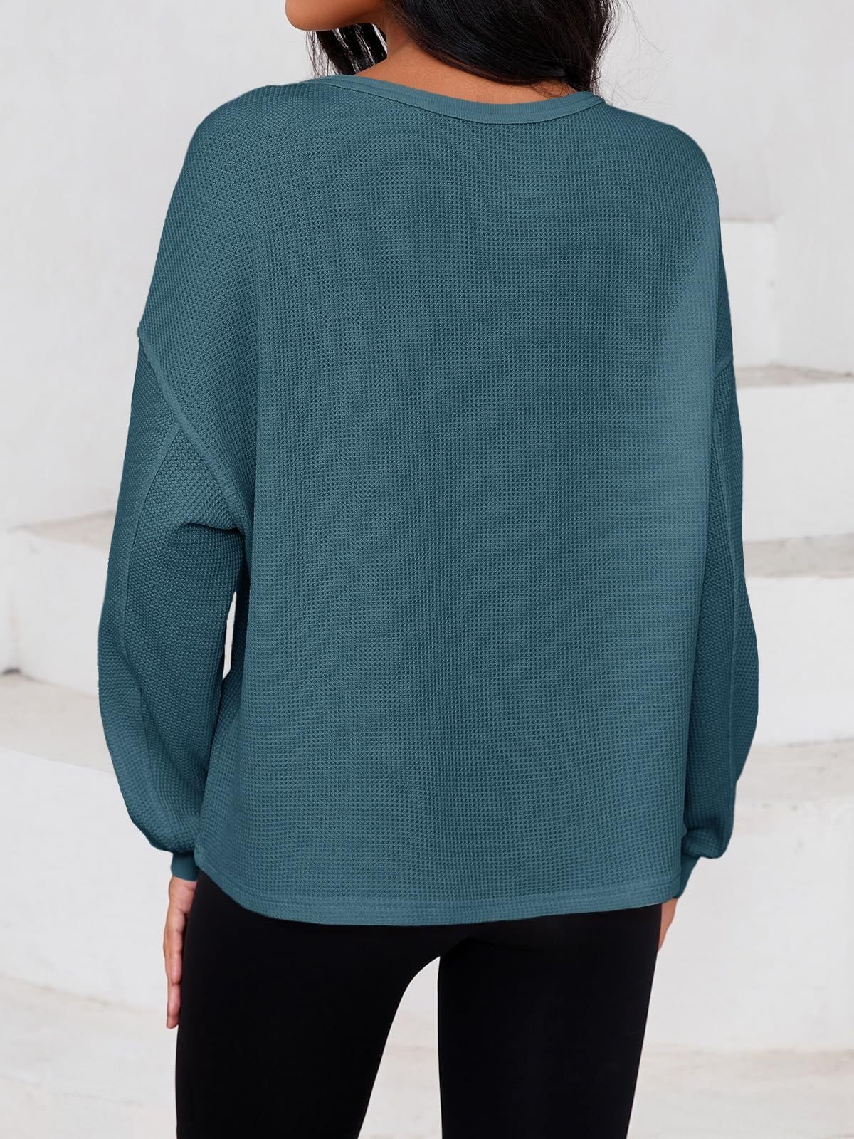 Fisoew Womens Cropped Sweatshirt Casual Waffle Knit Button V Neck Long Sleeve Loose Fit Fall Crop Tops - Image 9