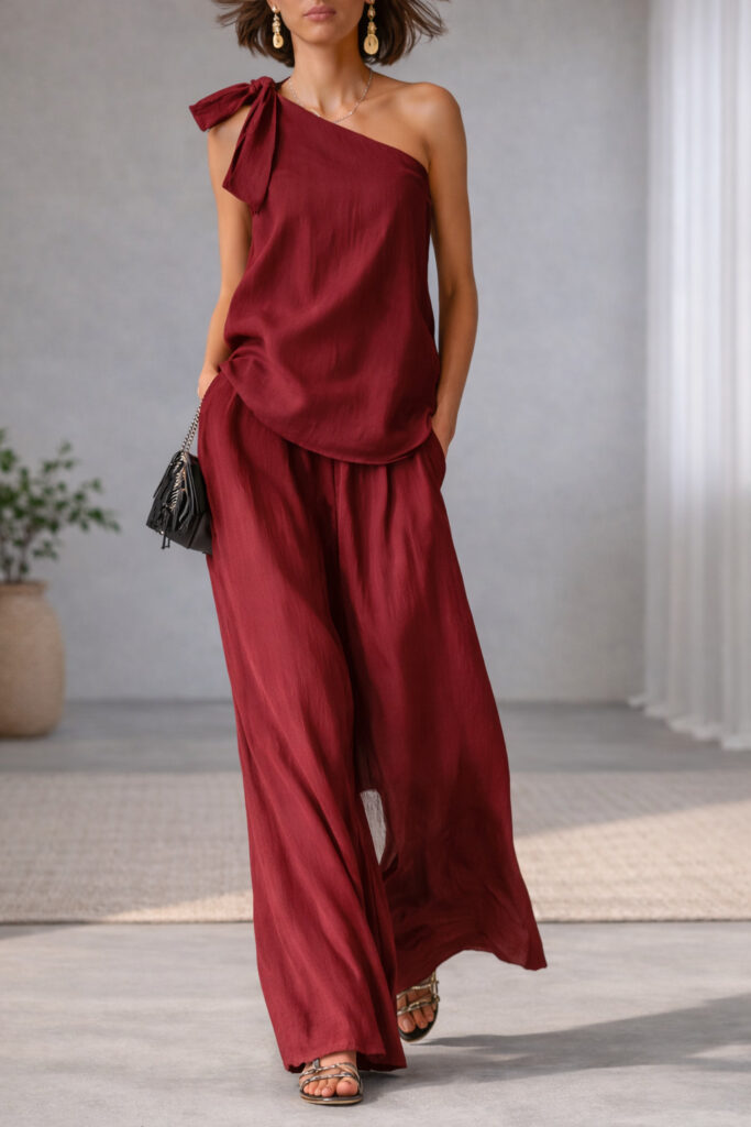 Sleeveless One-shoulder Top With Tie Detail And Wide-leg Pants