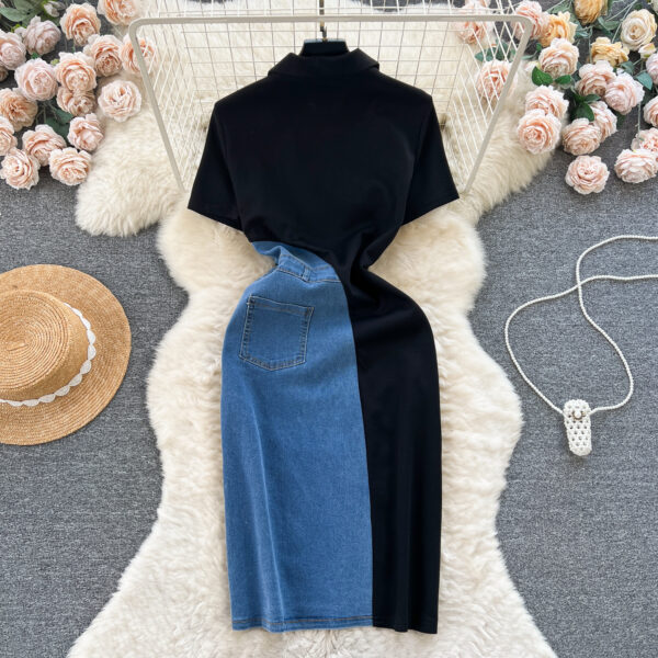 Retro Color-Block Patchwork Slim-Fit Dress For Women - Image 2