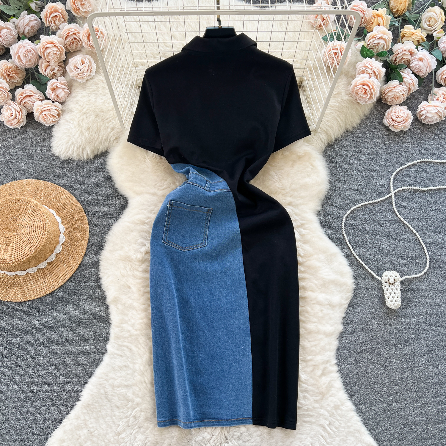 Retro Color-Block Patchwork Slim-Fit Dress For Women - Image 2