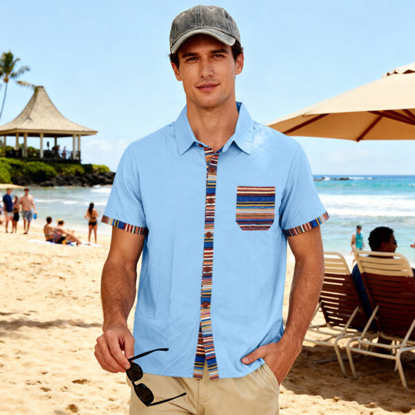 Men's Contrasting-Color Beach Short-Sleeve Casual Shirt - Image 55